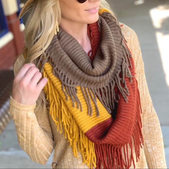 Yellow, rust, brown infinity fringe scarf - Picture 7 of 7